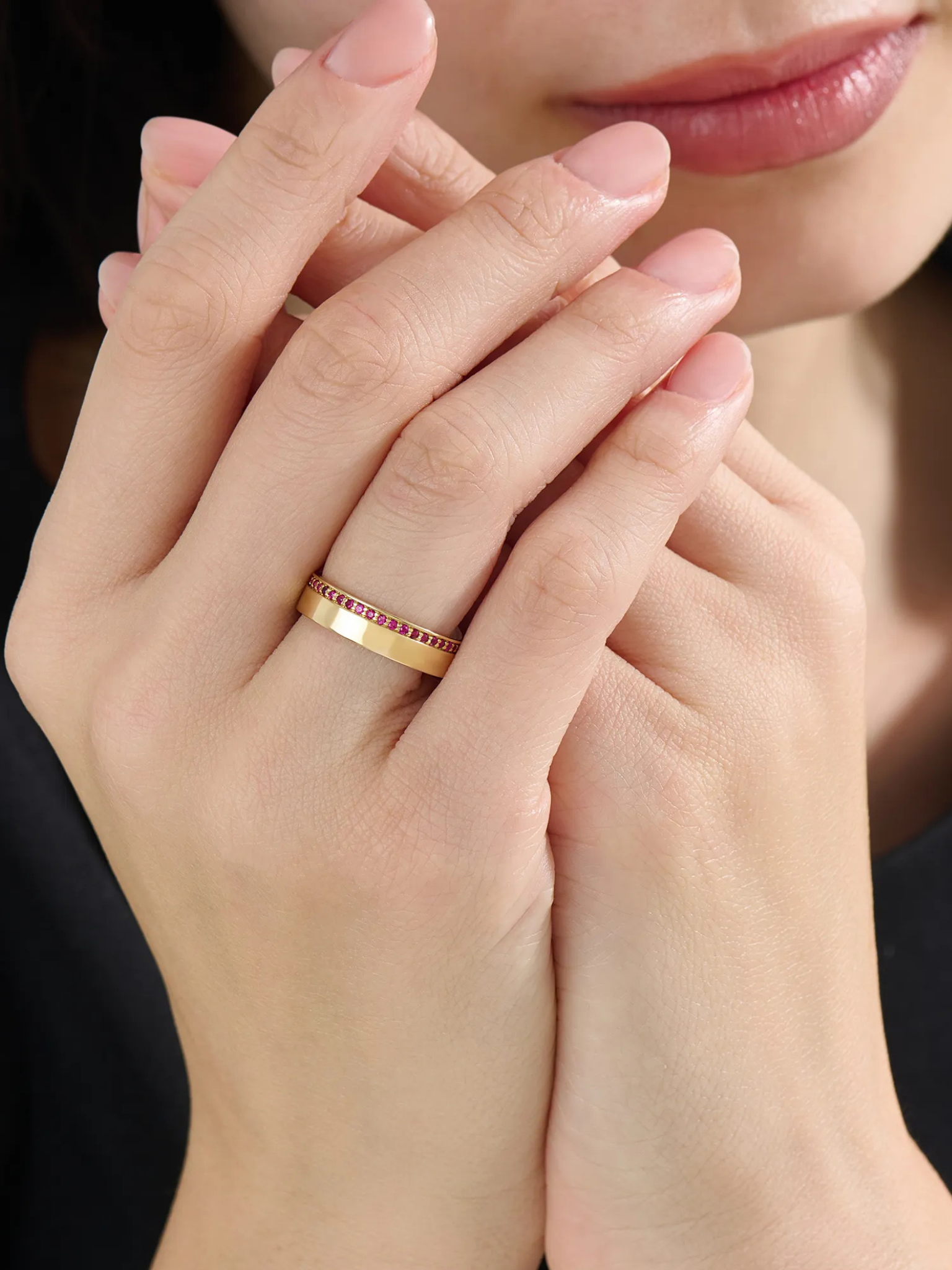 Side Pave Ruby Wedding Band, solid gold ring, view 6 | DiaFifth