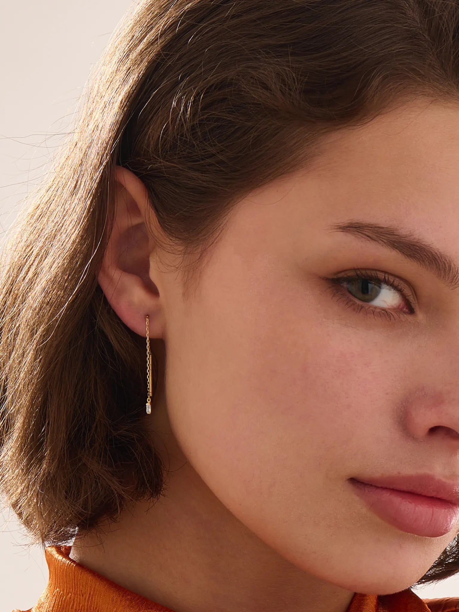 Threader Baguette Earrings, solid gold earrings, view 5 | DiaFifth