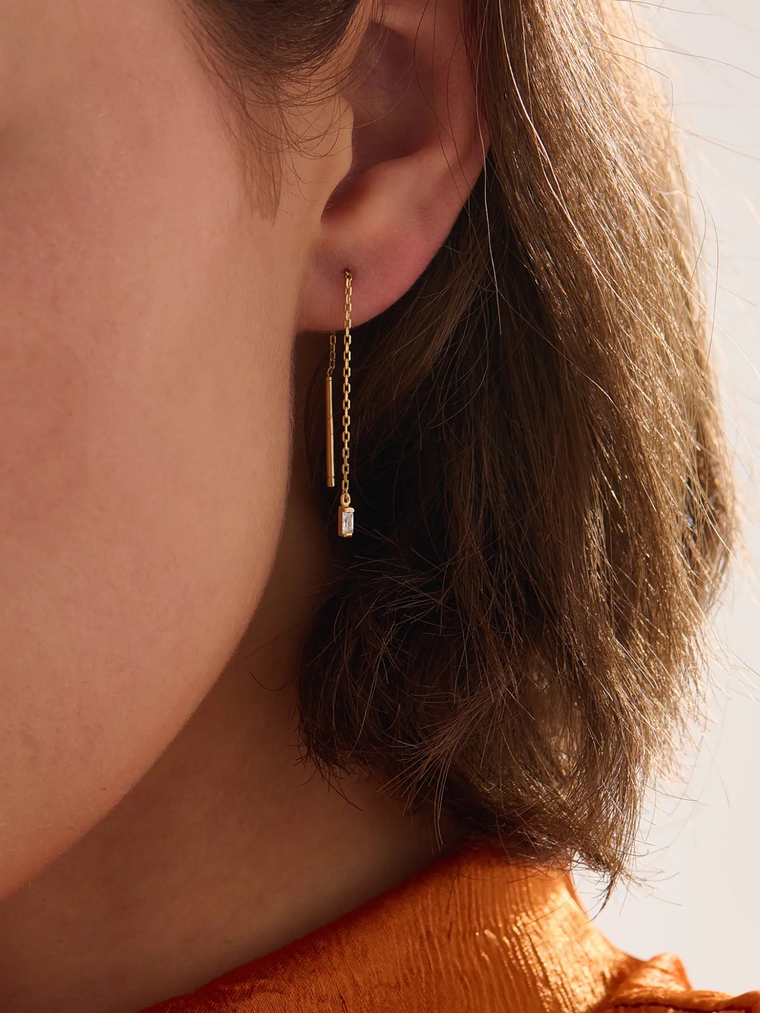 Threader Baguette Earrings, solid gold earrings, view 3 | DiaFifth