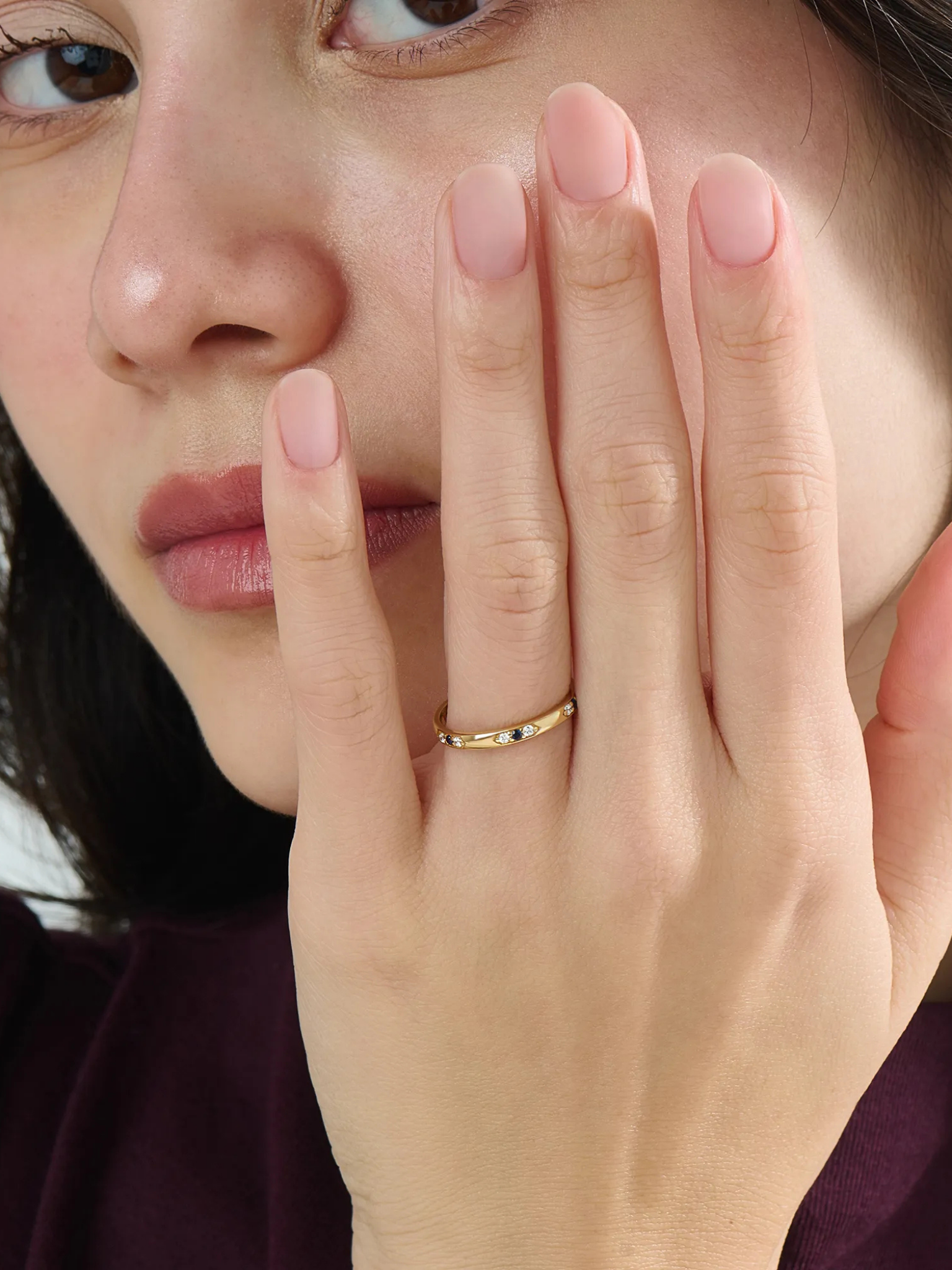 Tiny Sapphire Wedding Band, solid gold ring, view 3 | DiaFifth