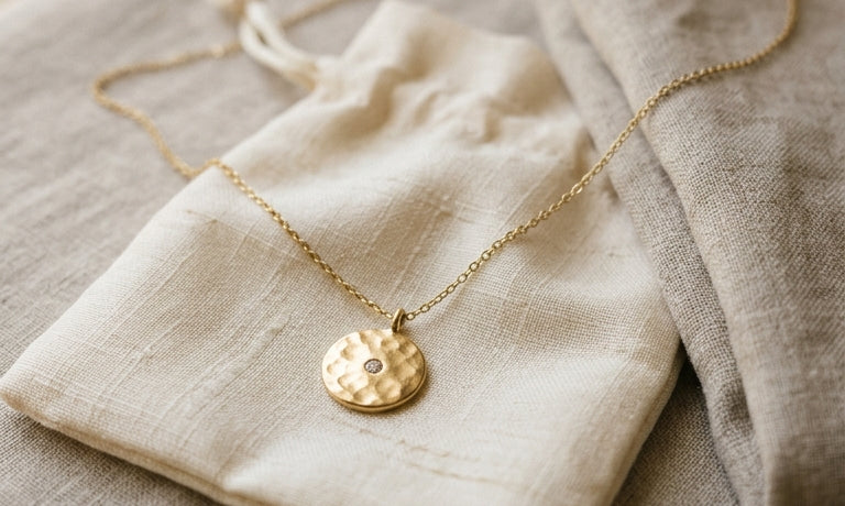Gold pendant necklace resting on a cream fabric jewelry pouch