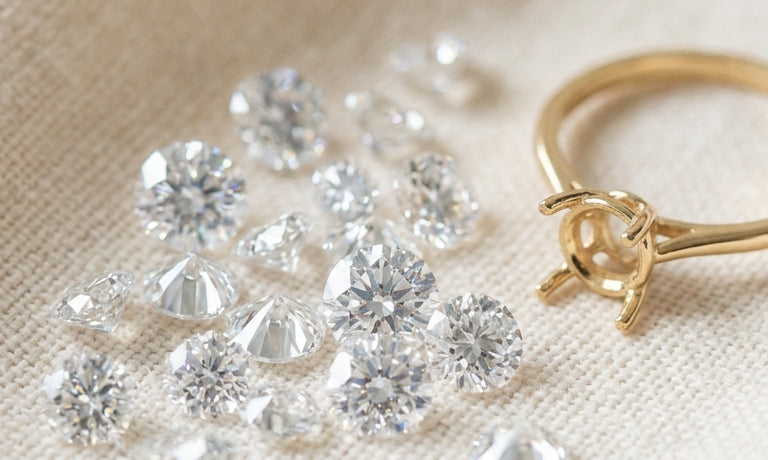 Loose brilliant cut lab grown diamonds beside a gold ring setting