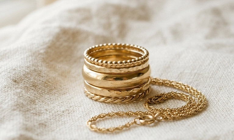 Stacked solid 14K gold rings and a fine gold chain on ivory linen