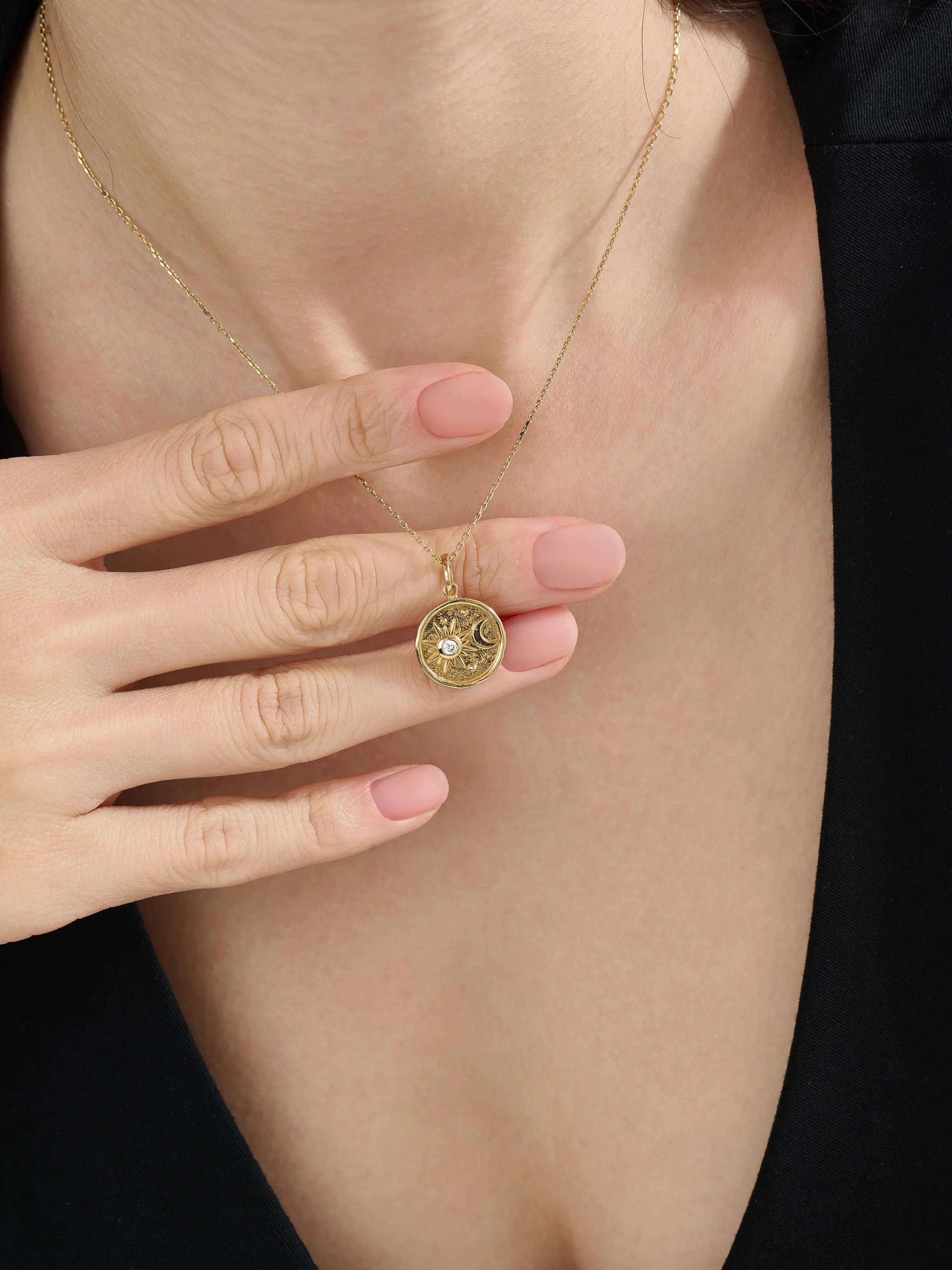 Celestial Disc Necklace, solid gold necklace, view 3 | DiaFifth